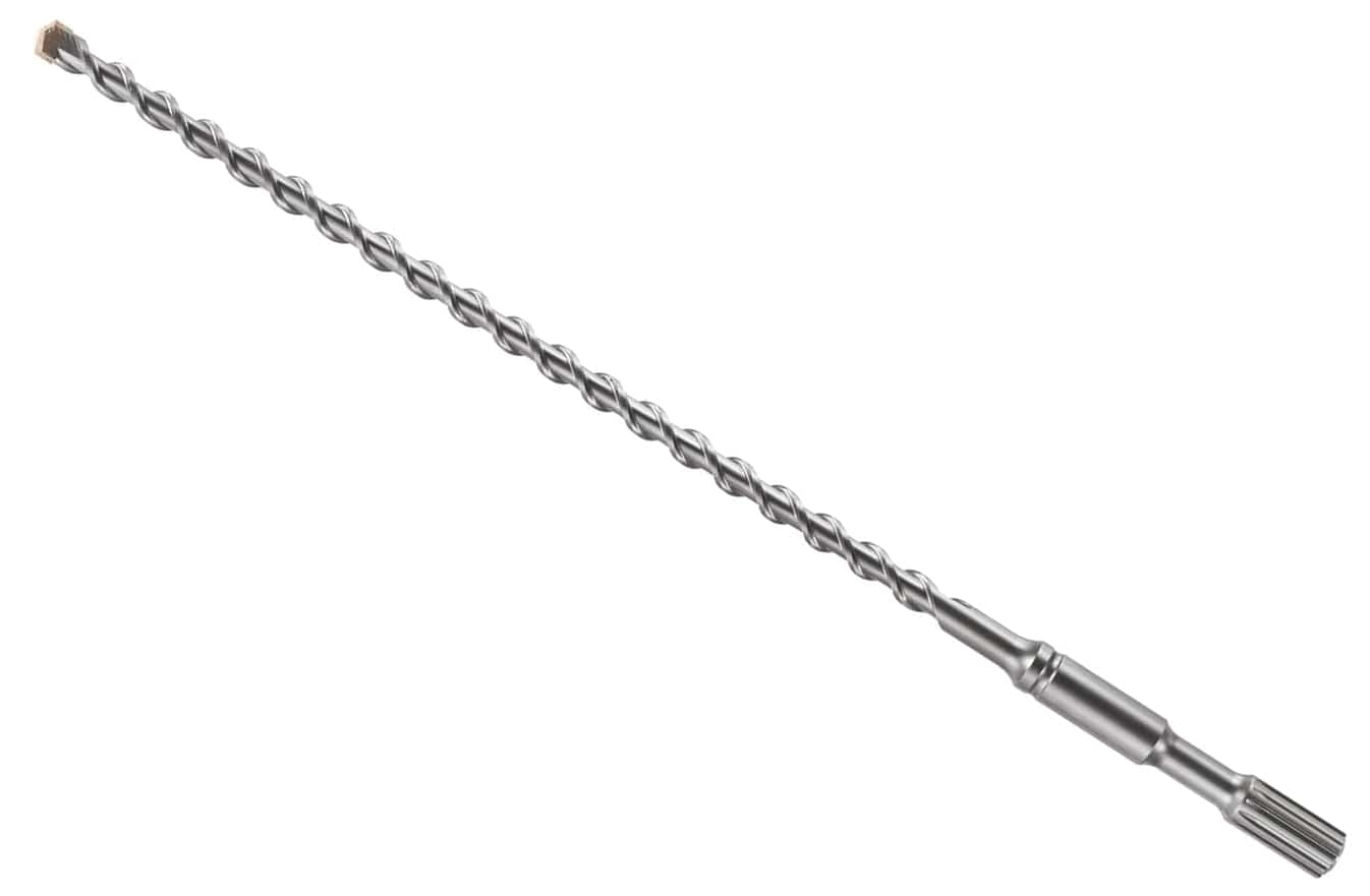 This is a image of a long, metallic gray drill bit or auger, designed for heavy-duty drilling. It features a continuous, prominent spiral flute running along most of its length, ending in a fluted, cylindrical shank on the right and a slightly wider, blunted tip on the far left.
