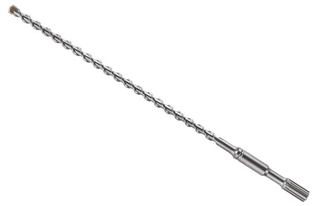 This is a image of a long, metallic gray drill bit or auger, designed for heavy-duty drilling. It features a continuous, prominent spiral flute running along most of its length, ending in a fluted, cylindrical shank on the right and a slightly wider, blunted tip on the far left.