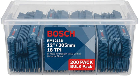 A high-volume product shot showing 200 Bosch RM1218B 12 inch reciprocating saw blades organized within a clear, heavy-duty plastic storage bin. A large blue and red label on the front of the container prominently displays the technical specifications, including the 18 TPI count and bi-metal construction for medium metal cutting.