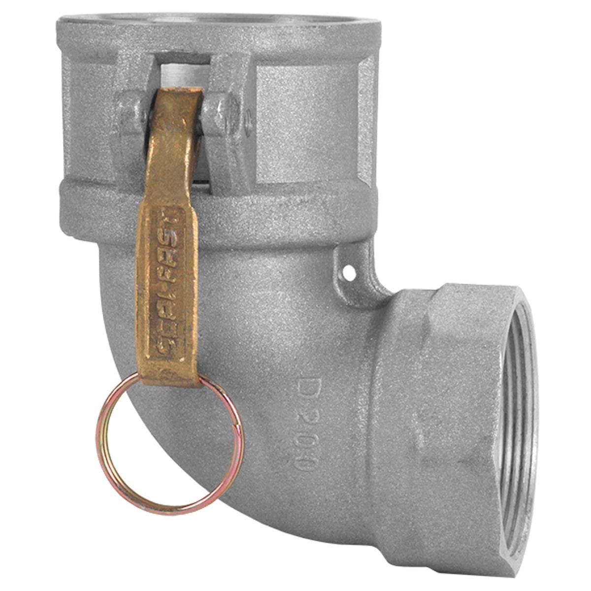 Seal Fast D600AL90 6-inch aluminum Type D female camlock coupler to female NPT 90-degree elbow for bulk dewatering line routing.