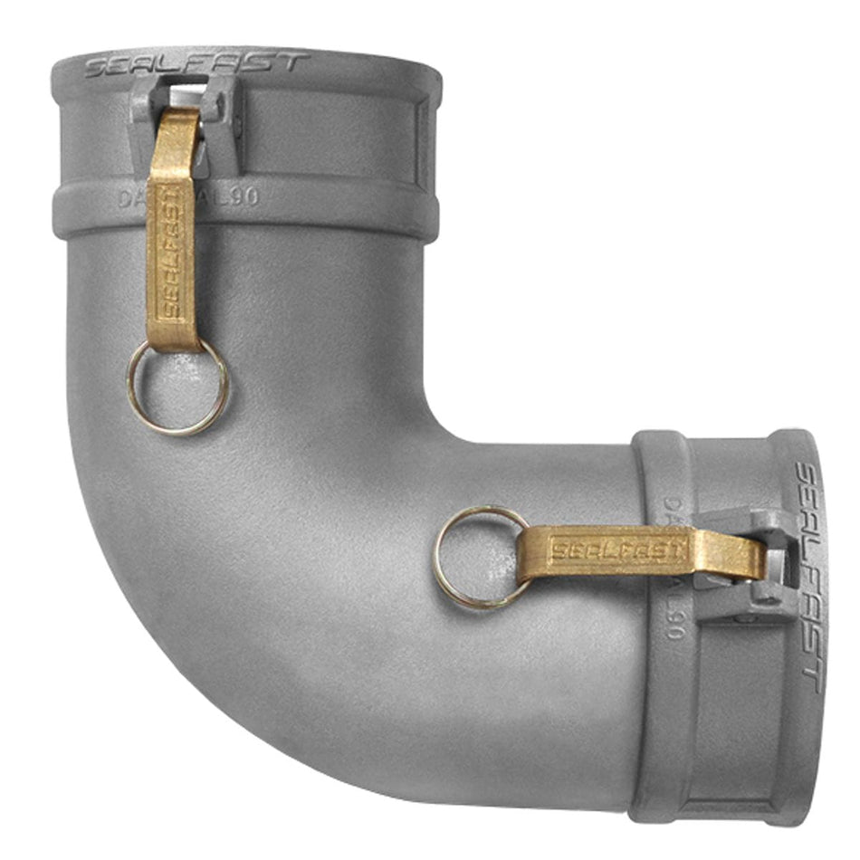 Seal Fast DD300AL90 3-inch aluminum Type DD female-to-female 90-degree camlock elbow for heavy-duty fluid hose line turns.
