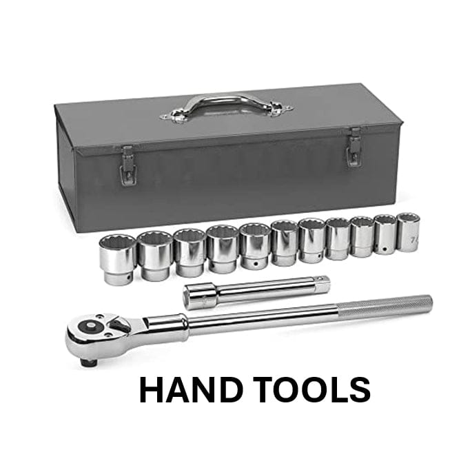 Set of chrome socket wrench tools including ratchet, extension bar, twelve sockets, and metal carrying case on white background