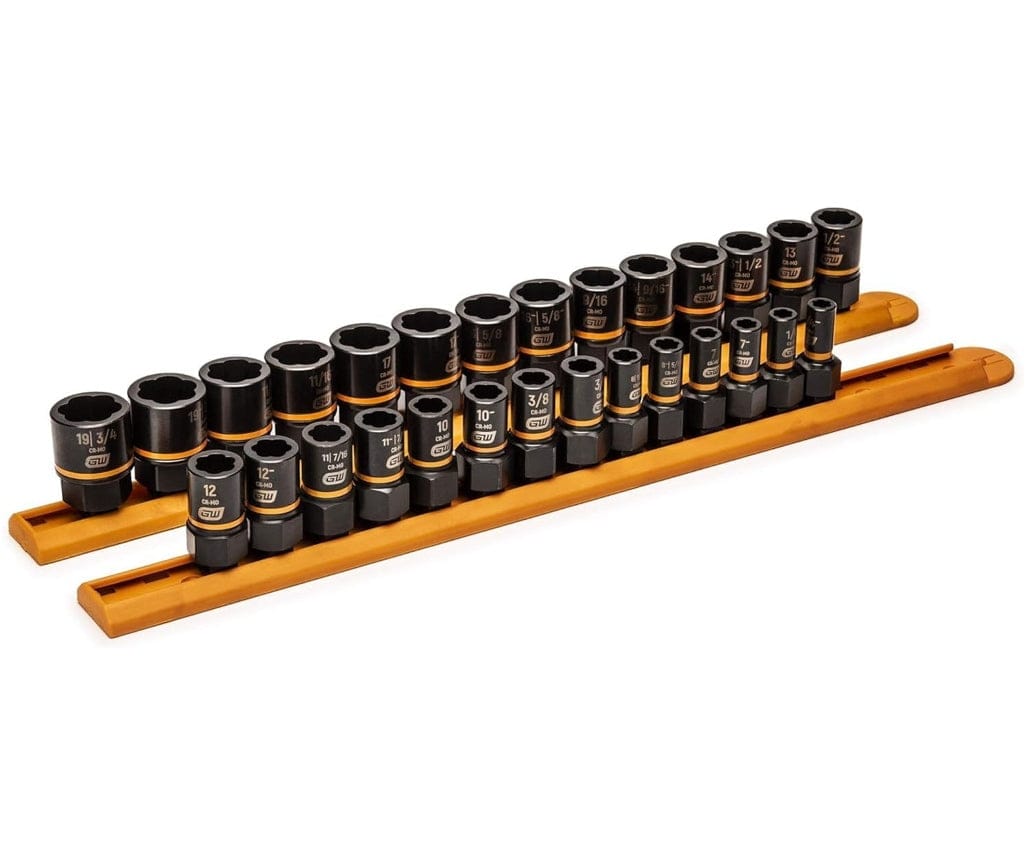 This is a photograph of 28 black sockets with orange bands, arranged in order of size on two light-colored wooden rails. The sockets are designed for removing damaged bolts and nuts and feature various metric and SAE measurements.