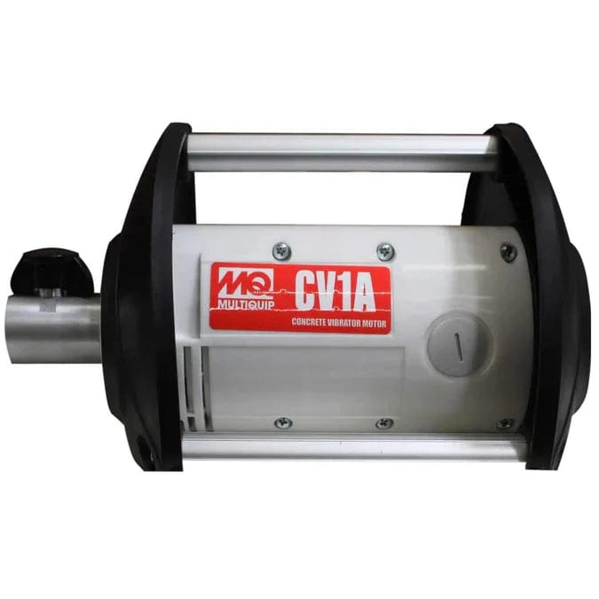 The image shows a light gray concrete vibrator motor, labeled "MQ MULTIQUIP CV1A." It has black, rounded end caps and a sturdy, cage-like frame with two silver metal bars running parallel to the motor body, forming handles for carrying. A black knob is visible on the left side of the motor.