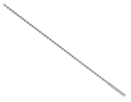 This is a vertical, close-up shot of a long, metallic gray Bosch Expert SDS Max drill bit, set against a white background. The bit features a smooth, unthreaded shank at the bottom, transitioning into a long, spiraled and ribbed section that extends upwards, designed for efficient material removal during drilling.