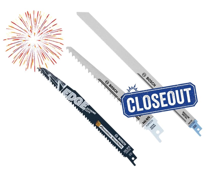 Promotional graphic of the Bosch 3-piece reciprocating saw blade kit featuring a fireworks starburst and a blue Closeout stamp overlay.