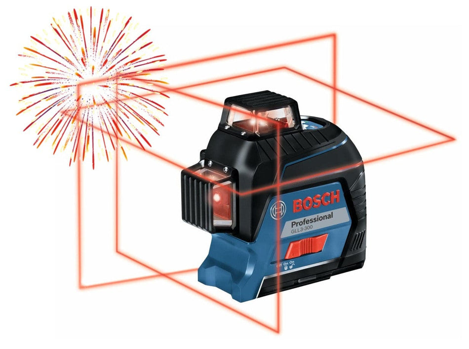 Bosch GLL 3-80 laser level projecting three 360-degree red laser lines forming a grid. The device has a robust black and blue casing and is designed for multi-plane alignment in construction and carpentry on a white background with a fireworks starburst in the corner.