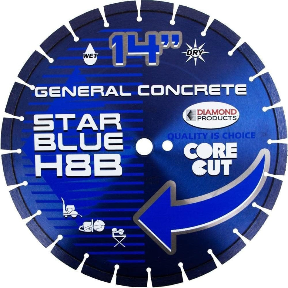 A studio product shot of the Diamond Products Core Cut 14-inch Star Blue H10B diamond blade, featuring a blue surface with white and black text indicating it is for general concrete, wet or dry use, and is compatible with walk-behind and handheld saws.