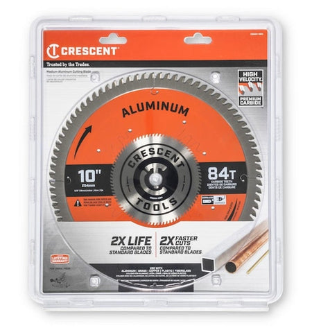 The Crescent 10-inch, 84-tooth circular saw blade for aluminum cutting displayed in its clear plastic retail packaging, highlighting "2X Life" and "2X Faster Cuts."