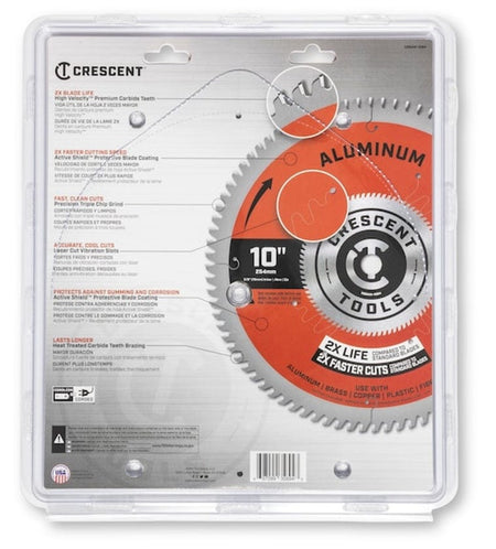 Back view of the Crescent saw blade in its packaging, showing detailed features like Triple Chip Grind teeth, Active Shield coating, and laser cut slots, with descriptive text in both English and Spanish.