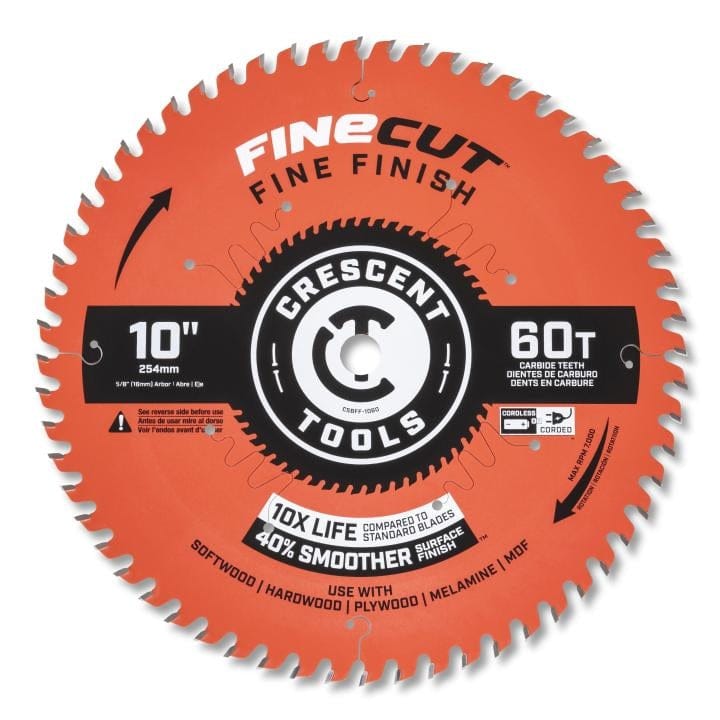 Full frontal view of the Crescent 10-Inch Fine Cut 60-Tooth Carbide Saw Blade, showing the bright orange body, black center logo, and text detailing use with softwood, hardwood, plywood, and melamine.