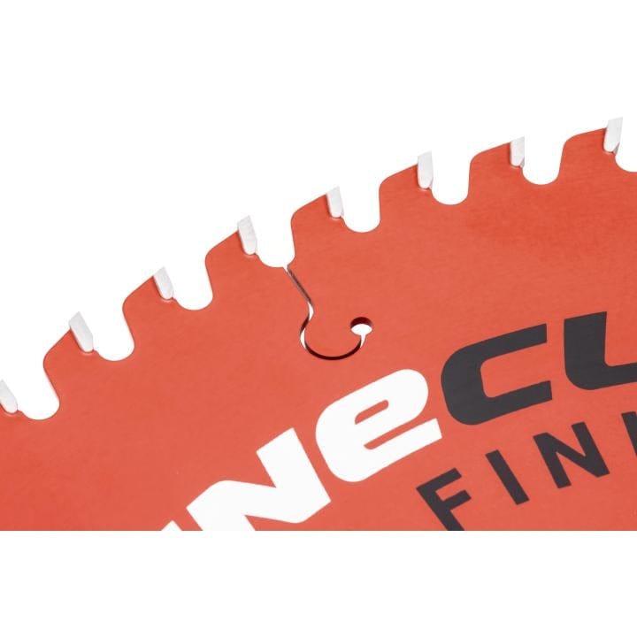 Extreme close-up view of the red Crescent Fine Cut blade, highlighting a laser-cut vibration slot to reduce noise and enhance the finish quality of the 60-tooth blade.