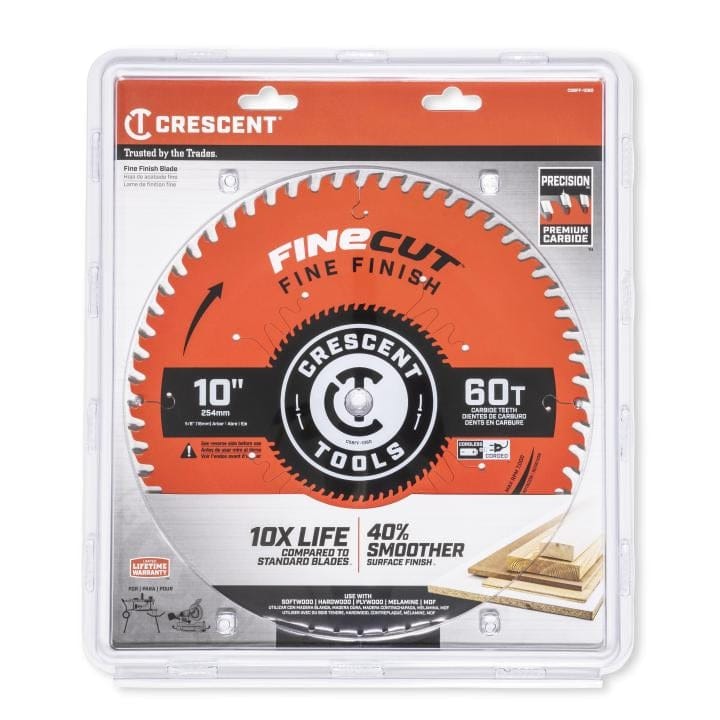 The Crescent 10-Inch Fine Finish 60T carbide saw blade displayed in its clear retail packaging, emphasizing features like 10X life, 40% smoother surface finish, and compatibility with various wood and composite materials.