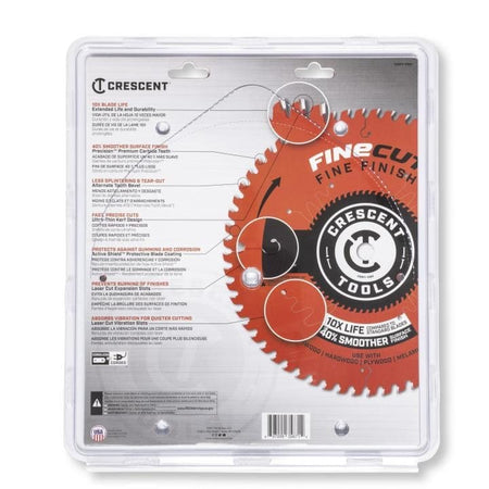 Back view of the Crescent Fine Cut saw blade in its packaging, with callouts illustrating features like laser cut expansion slots and alternate tooth bevel for reduced splintering and tear-out.