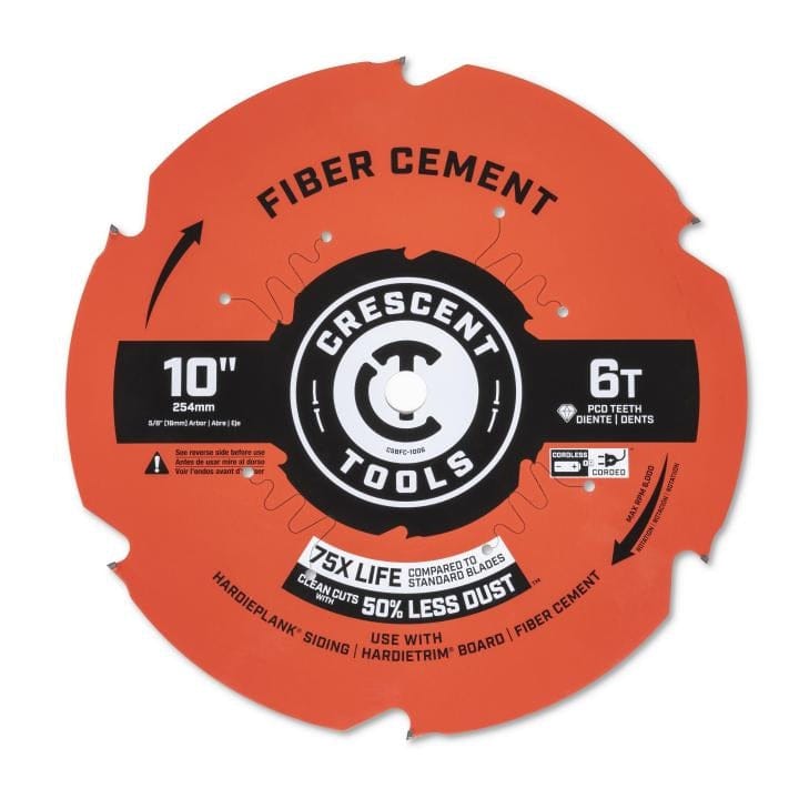 Front-on view of the Crescent 10-inch Fiber Cement Circular Saw Blade (CSBFC-1006), highlighting the 6 PCD (Polycrystalline Diamond) teeth, 75X Life claim, and compatibility with cordless and corded saws.