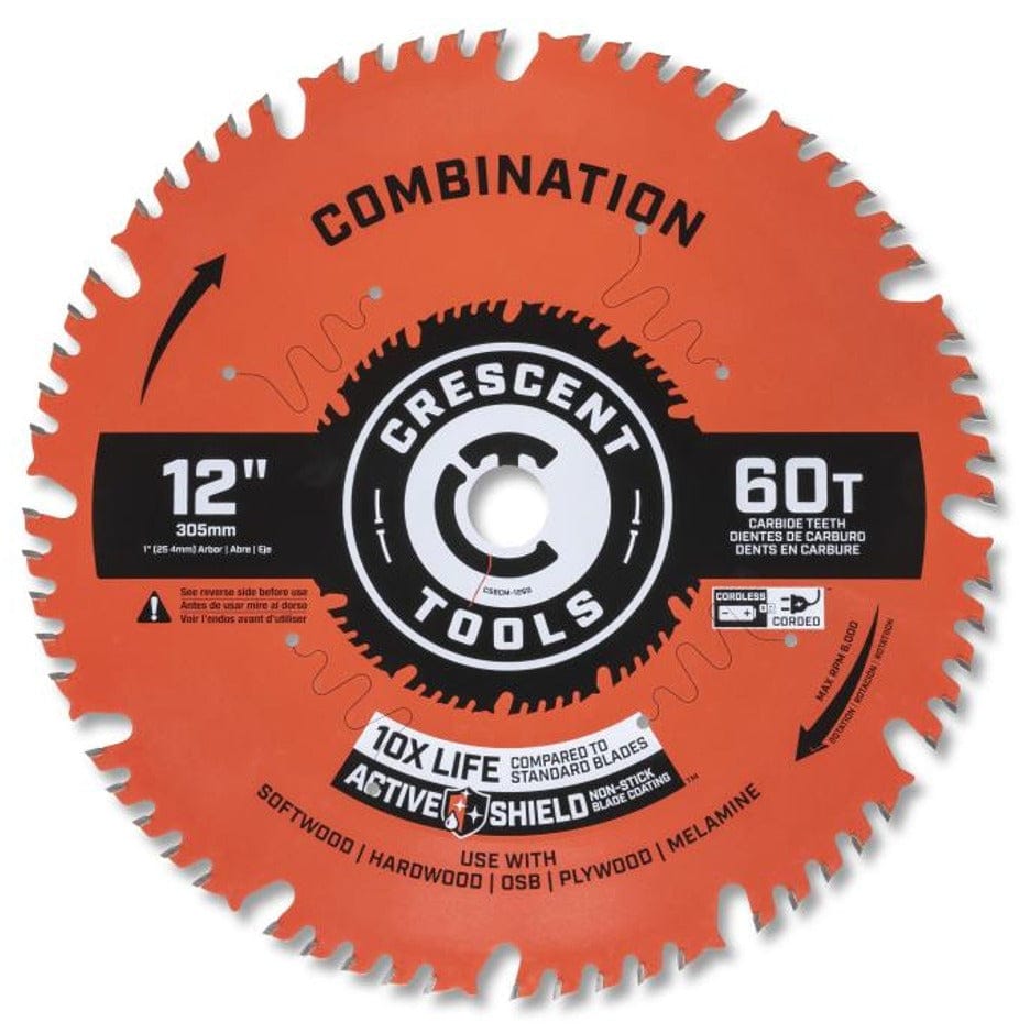 Front-side view of the orange Crescent 12-inch 60-tooth combination circular saw blade, marked for cutting softwood, hardwood, plywood, OSB, and melamine.