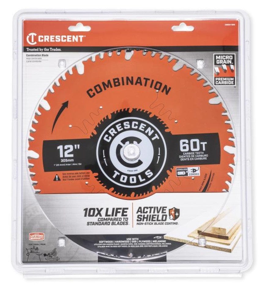 The Crescent 12-inch, 60-tooth combination circular saw blade, showing its Micro Grain carbide teeth and Active Shield coating, sealed in its retail packaging.