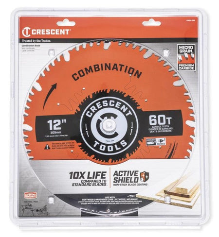 The Crescent 12-inch, 60-tooth combination circular saw blade, showing its Micro Grain carbide teeth and Active Shield coating, sealed in its retail packaging.