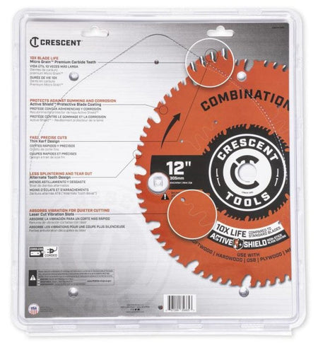 Back view of the saw blade packaging, with detailed callouts for features like 10X blade life, Active Shield coating, thin kerf design, and laser-cut vibration slots.