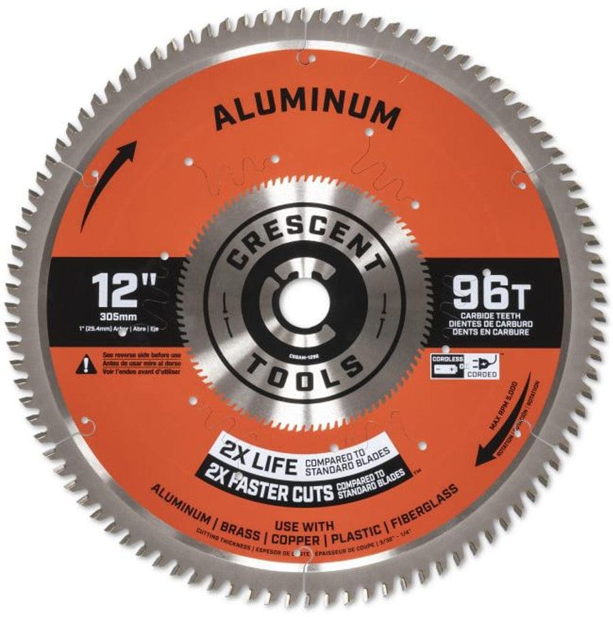 The Crescent 12-inch, 96-tooth carbide circular saw blade for aluminum and non-ferrous metals, shown sealed in its clear retail plastic packaging.
