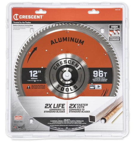 Front view of the Crescent 12-inch, 96-tooth circular saw blade with an orange face, indicating it is optimized for cutting aluminum, brass, copper, plastic, and fiberglass.