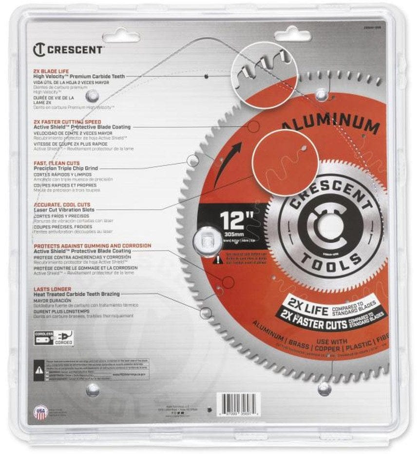 Back view of the Crescent saw blade in its packaging, with callouts detailing features like 2X blade life, Active Shield coating, and Triple Chip Grind tooth brazing for superior durability.