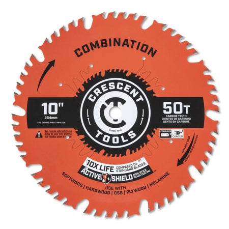 The Crescent Apex 10-inch 50-tooth combination saw blade, showing its carbide teeth and Active Shield coating.