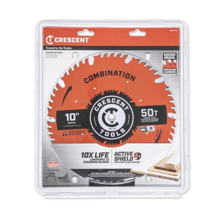 The Crescent Apex 10-inch 50-tooth combination saw blade secured in its clear retail packaging.