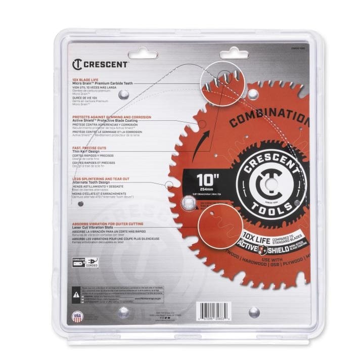 The back of the retail packaging for the Crescent Apex saw blade, detailing features like 10X blade life and Active Shield coating.