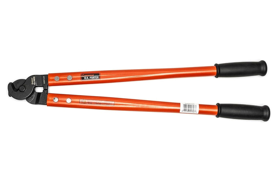Heavy-duty cable cutter with long orange steel handles and black rubber grips. The metal cutting head is designed for slicing through thick cables and wire rope. Branded “H.K. PORTER” on the handle, ideal for industrial, electrical, and construction applications.
