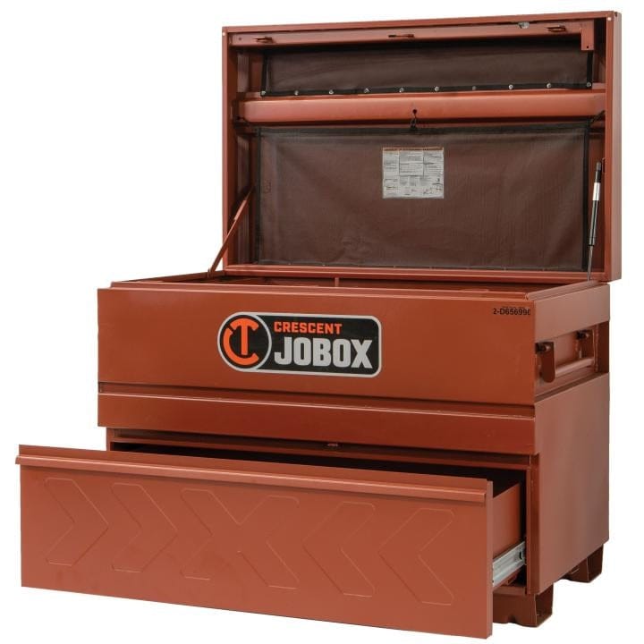 Crescent JOBOX chest with open lid and drawer, featuring lift-up tray and spacious compartments for tool and equipment storage, with logo on front.