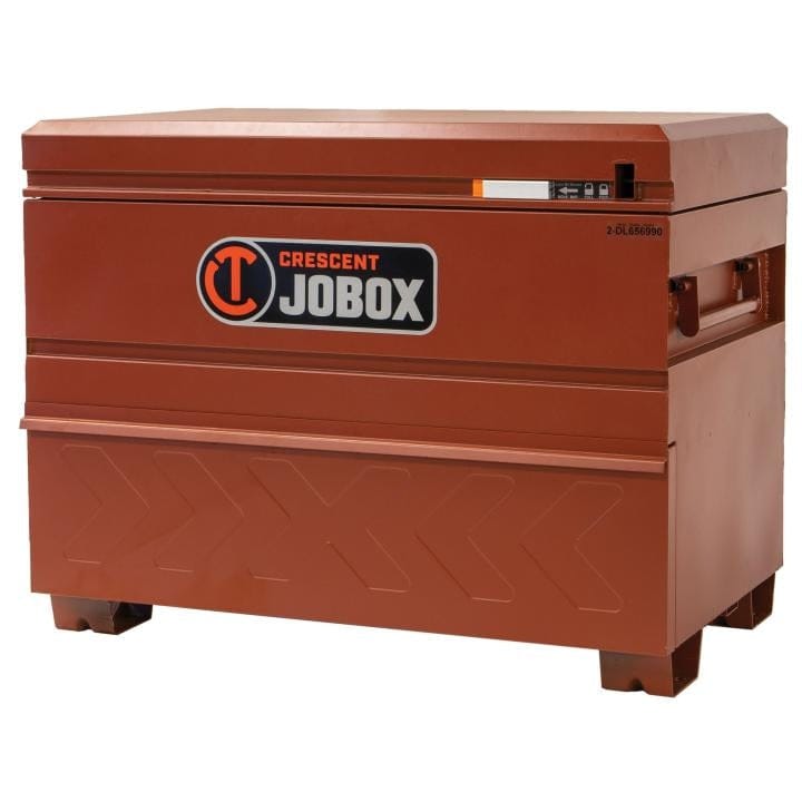 Crescent JOBOX storage chest with closed lid, lock mechanism, and model number 2-654590 visible, featuring reinforced legs and embossed front panel.