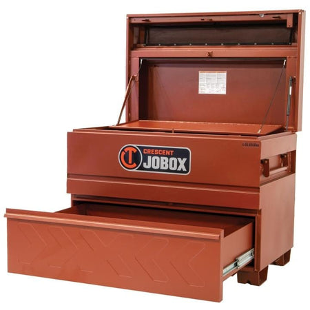 Crescent JOBOX chest with open lid and drawer, showing interior storage space and prominent logo on the front, designed for industrial tool organization.