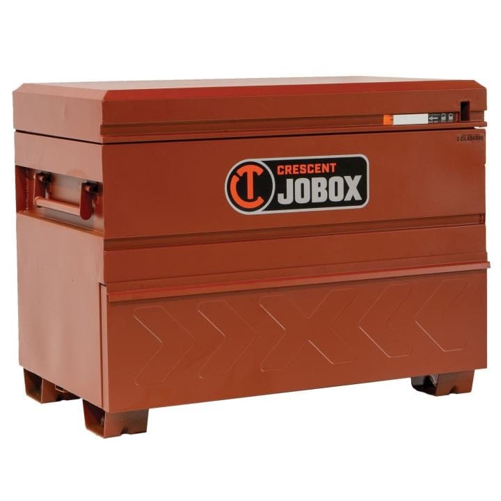 Exterior view of Crescent JOBOX storage chest with closed lid, side handles, and reinforced feet, painted in rust color with logo on the front.
