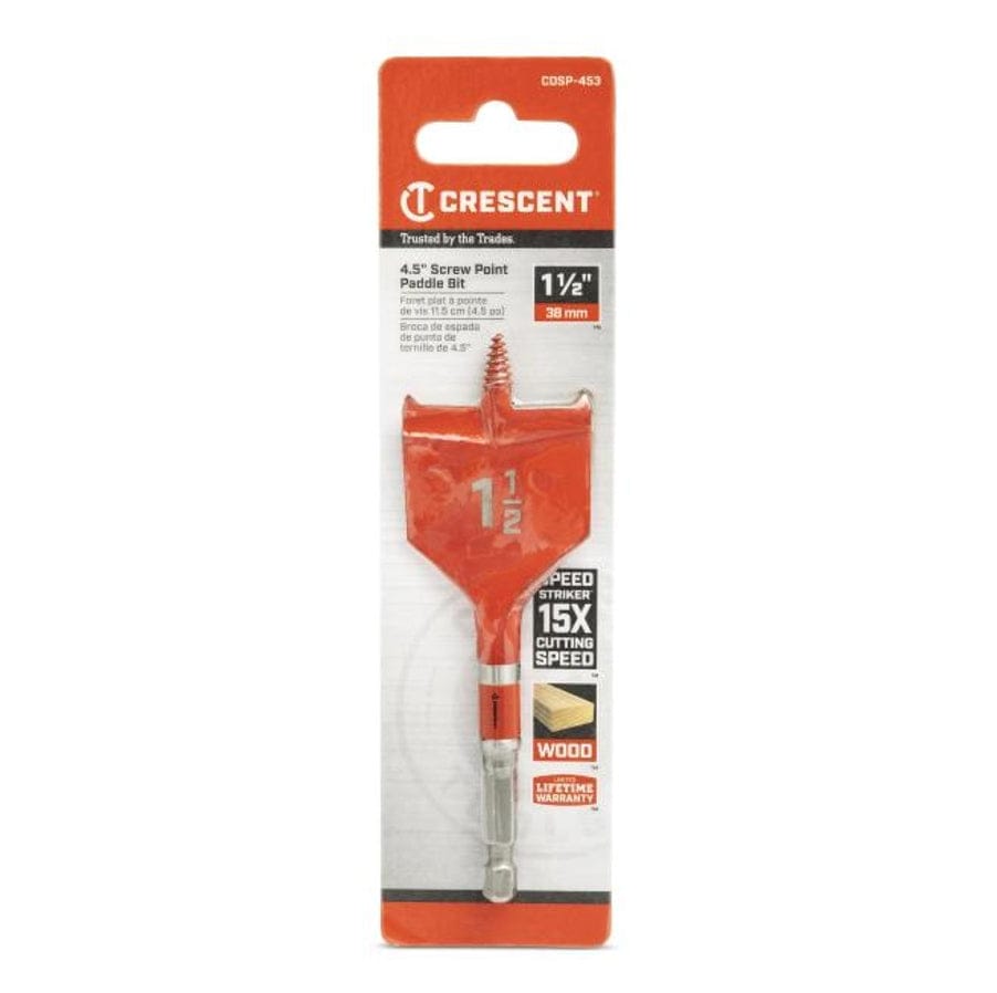 A retail-packaged Crescent 1-1/2 inch by 4.5 inch screw point paddle spade drill bit featuring a 1/4 inch hex shank, 15x cutting speed rating, and a limited lifetime warranty for professional woodworking.