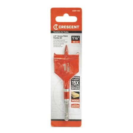 A retail-packaged Crescent 1-1/2 inch by 4.5 inch screw point paddle spade drill bit featuring a 1/4 inch hex shank, 15x cutting speed rating, and a limited lifetime warranty for professional woodworking.