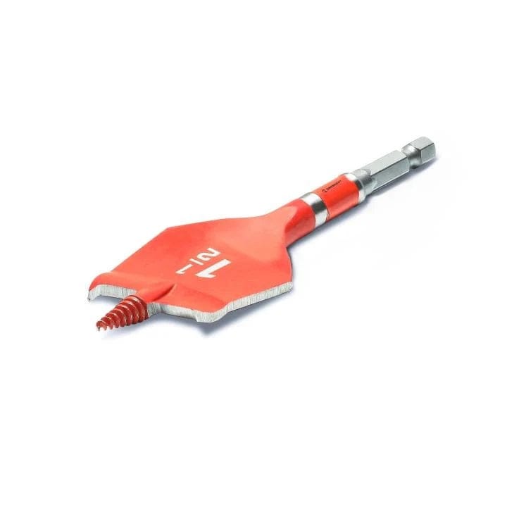 Angled view of the Crescent CDSP-453 paddle spade drill bit showing the red powder-coated body, precision-ground cutting edges, and the threaded screw point designed for fast, self-feeding holes in wood.