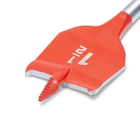 Close-up of the 1-1/2 inch Crescent spade bit head showcasing the aggressive threaded screw point and sharp spurs that ensure clean hole entry and rapid chip removal.