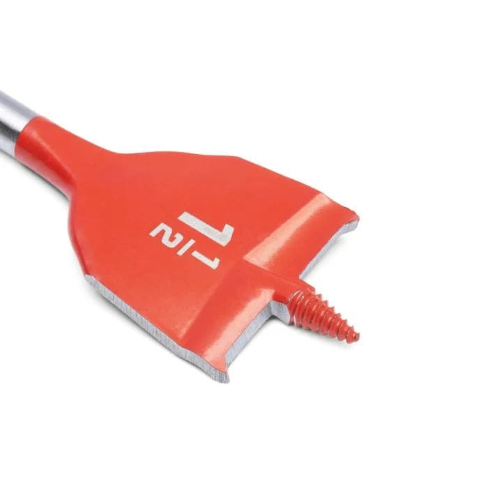 Detailed perspective of the cutting head on the Crescent screw point paddle bit, highlighting the 1-1/2 inch size marking and the durable forged steel construction for high-torque drilling applications.