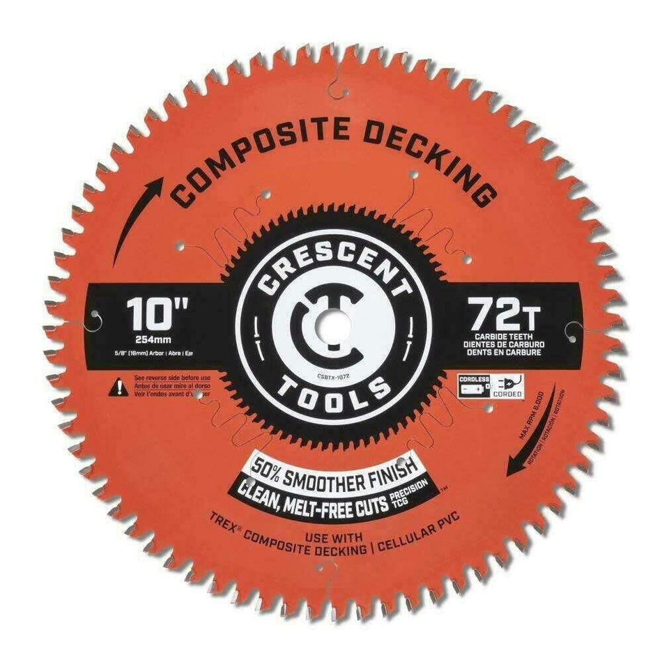 A studio image of the Crescent CSBTX-11072 10-inch 72-tooth circular saw blade for composite decking.