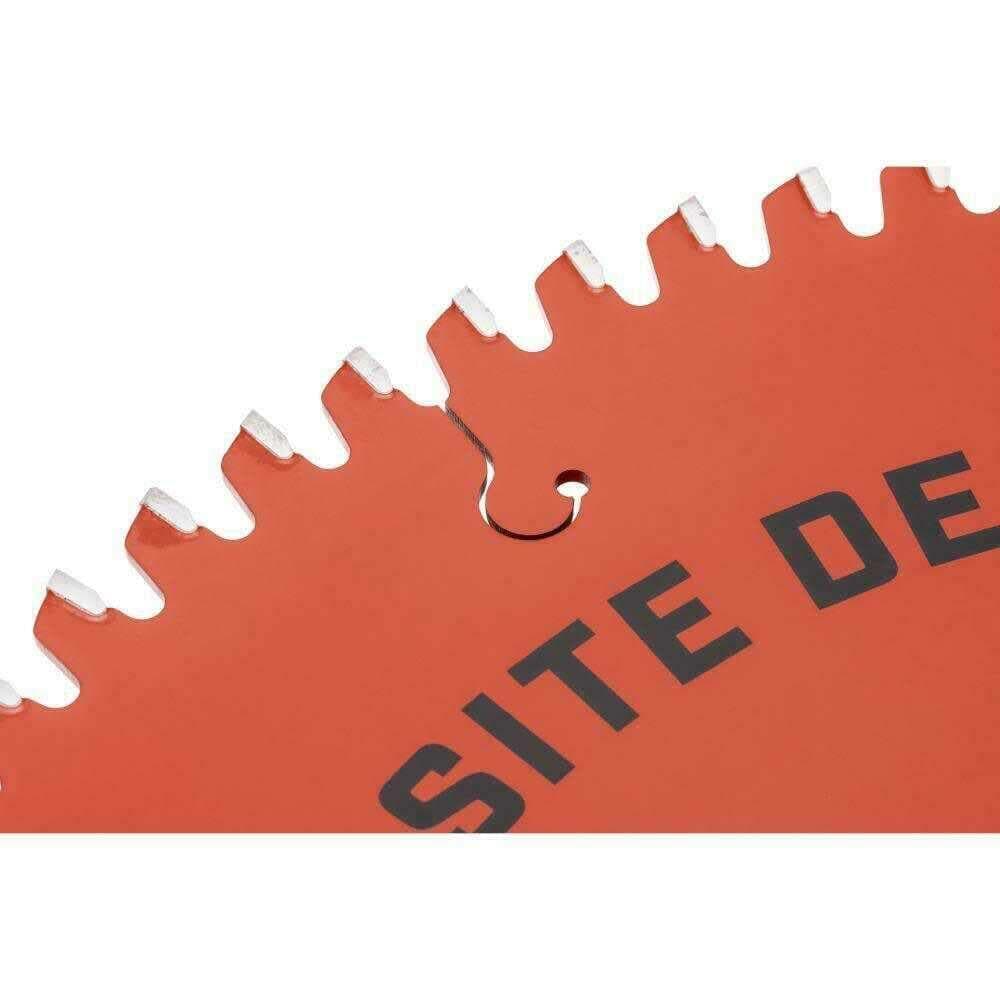 A close-up view of the Triple Chip Grind teeth and a laser-cut expansion slot on the Crescent composite decking blade.