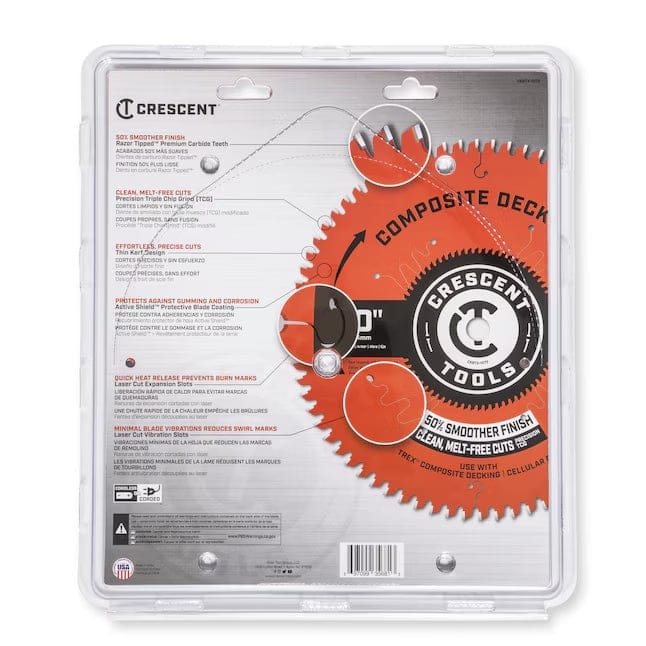 The back of the retail packaging for the Crescent composite decking blade, with feature callouts for its 50 percent smoother finish and melt-free cuts.