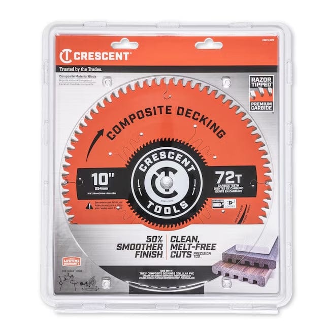 The Crescent 10-inch composite decking blade shown in its clear retail packaging.