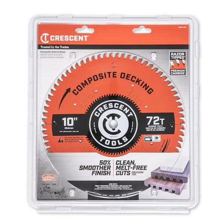 The Crescent 10-inch composite decking blade shown in its clear retail packaging.