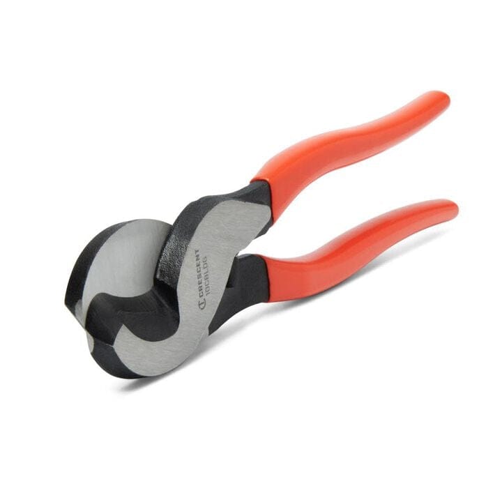 A perspective studio shot of the Crescent 10CBLDG 10-inch cable cutter showing the high-leverage sheer-cut blades and ergonomic rawhide-colored dipped grip handles designed for professional electrical work.