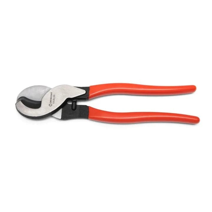 A top-down view of the Crescent 10-inch cable cutter pliers highlighting the precision-ground alloy steel blades and the curved handle design that provides maximum leverage for cutting heavy-duty cables.