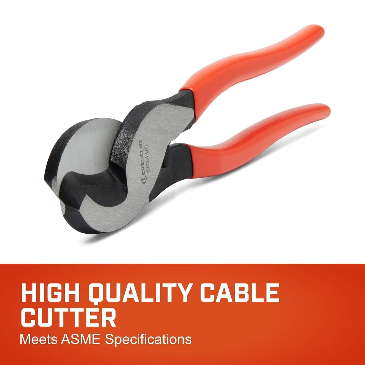 A close-up marketing graphic of the Crescent 10CBLDG cable cutter, stating that the tool meets rigorous ASME specifications for high-quality professional hand tools.