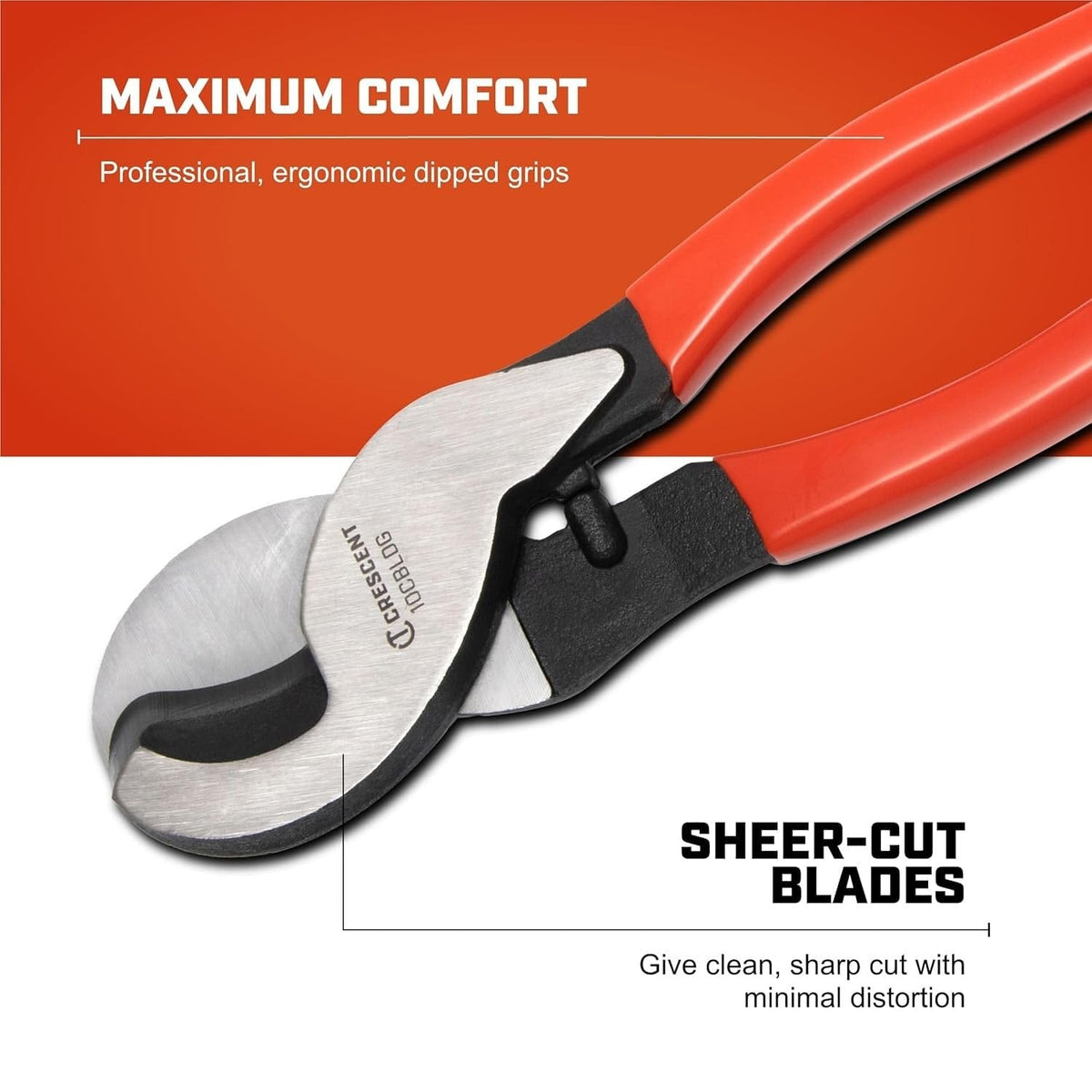 A detailed view of the precision sheer-cut blades on the Crescent 10-inch cable cutter, engineered to deliver a clean, sharp cut with minimal material distortion in copper and aluminum.