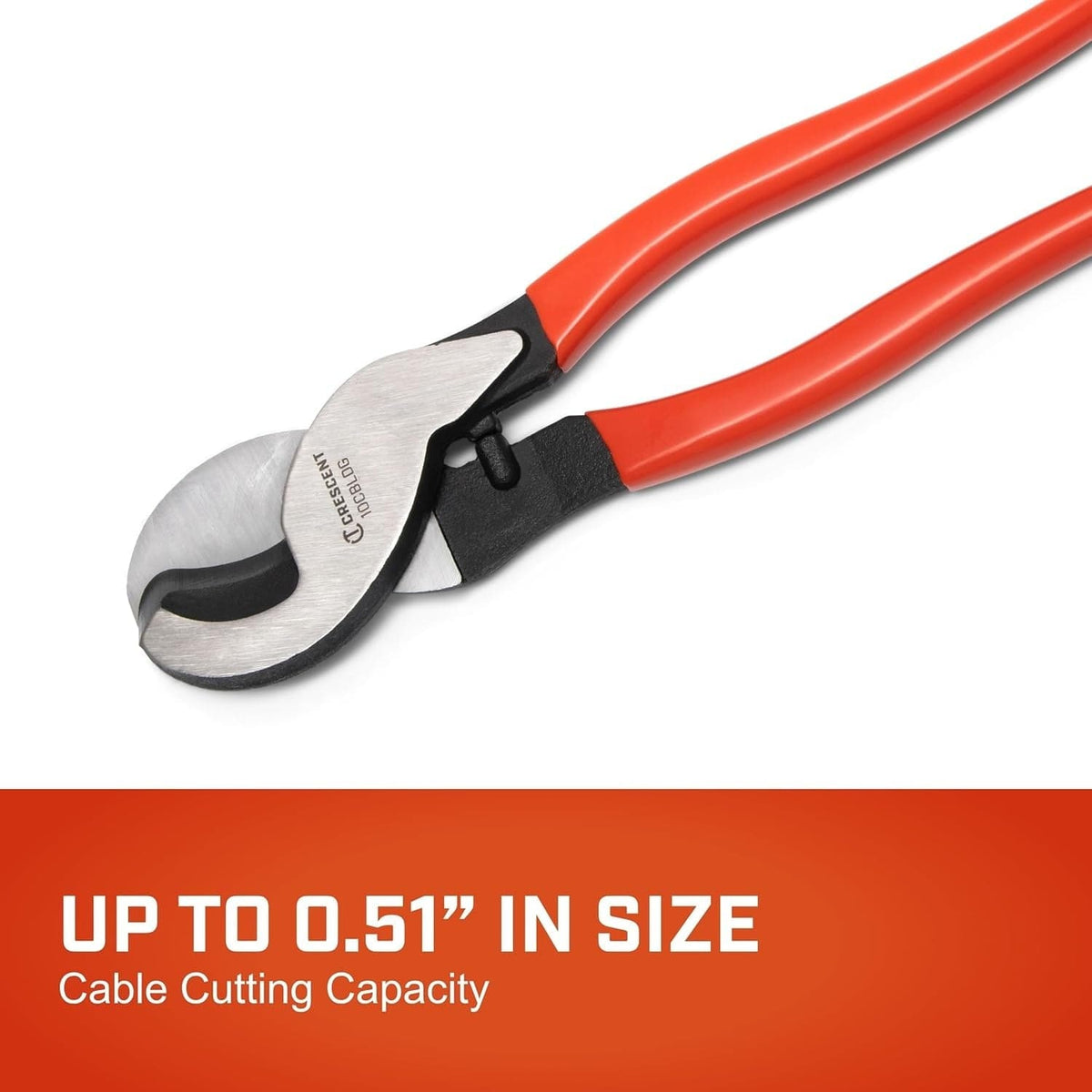 An informational graphic demonstrating the large 0.51-inch cable cutting capacity of the Crescent 10CBLDG alloy steel pliers, suitable for thick communication and power cables.