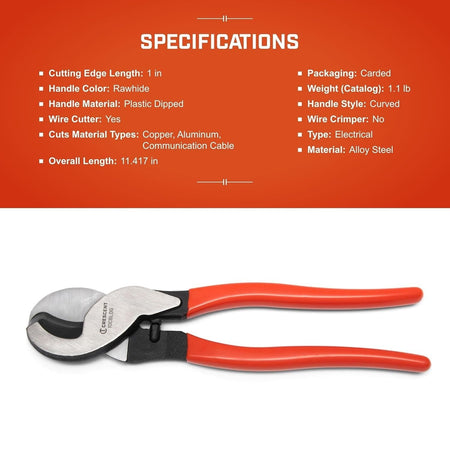 A comprehensive specifications graphic for the Crescent 10CBLDG cable cutter, listing technical details including its 11.417-inch overall length, alloy steel material, and 1.1-pound catalog weight.